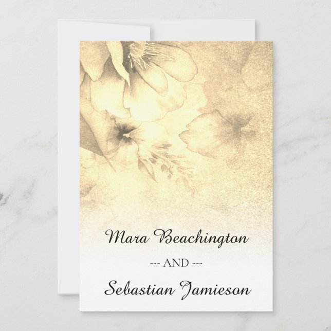 *~* QR RSVP Floral Glitter Gold Sepia  Wedding Invitation (Front)