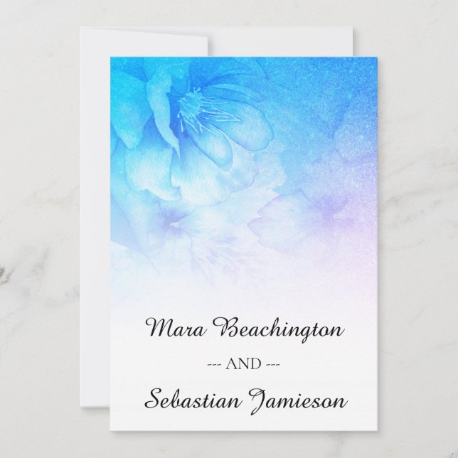 *~* QR RSVP Floral Glitter Ombre Aqua Blue Wedding Invitation (Front)