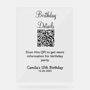 QR scan birthday party details modern 15 birthday  Acrylic Sign