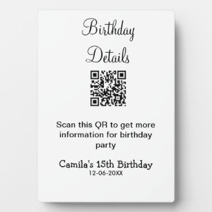 QR scan birthday party details modern 15 birthday Plaque