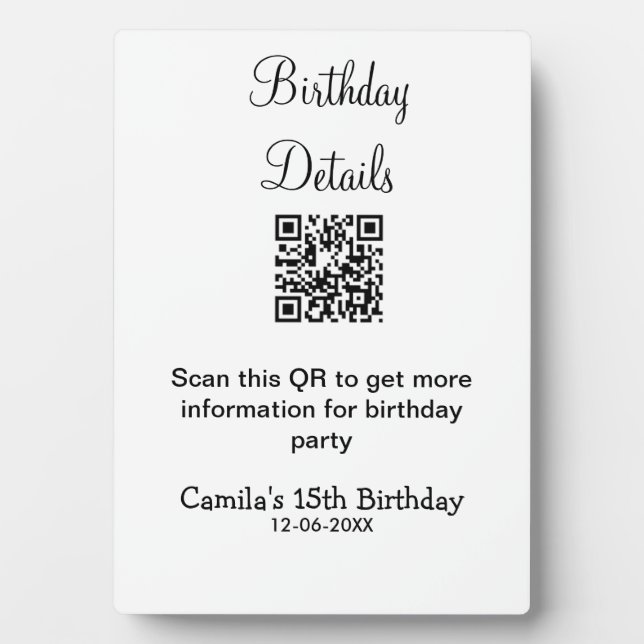 QR scan birthday party details modern 15 birthday  Plaque (Front)