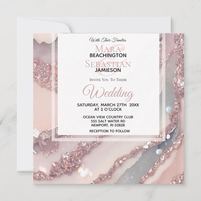 *~*  QR Silver BLUSH PINK AGATE AR66 RSVP Wedding Invitation (Front)