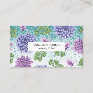 *~* QR Turquoise Floral Succulent Pattern Glitter Business Card