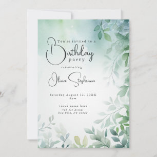 QR Watercolor Birthday Blue Green Leaves Invitation