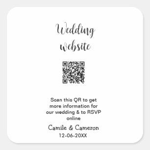 QR WEDDING WEBSITE add photoname date black white  Square Sticker