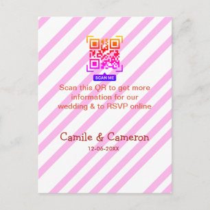 QR WEDDING WEBSITE pink stripped name date modern Postcard