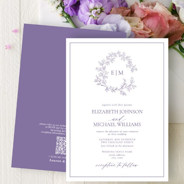 QRCode Lilac Lavender Leafy Crest Monogram Wedding Invitation (Creator Uploaded)