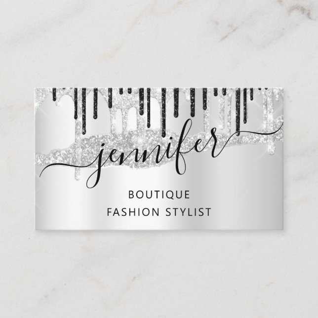  QRCode Logo Abstract Online Shop Silver Grey Drip Business Card (Front)