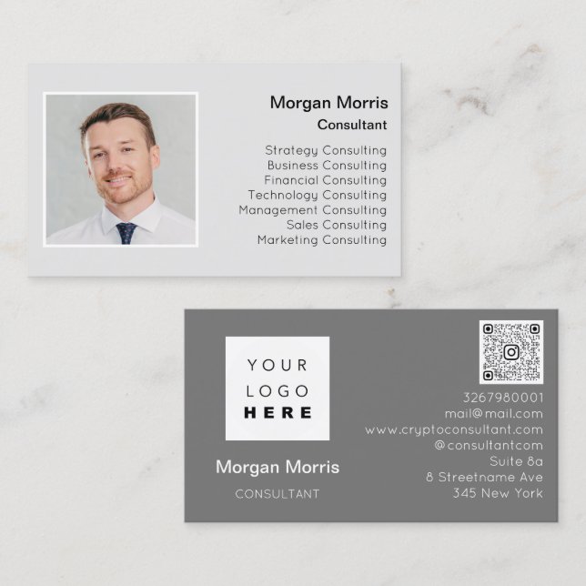 QRCode Logo Photo Professional Company Grey Business Card (Front/Back)