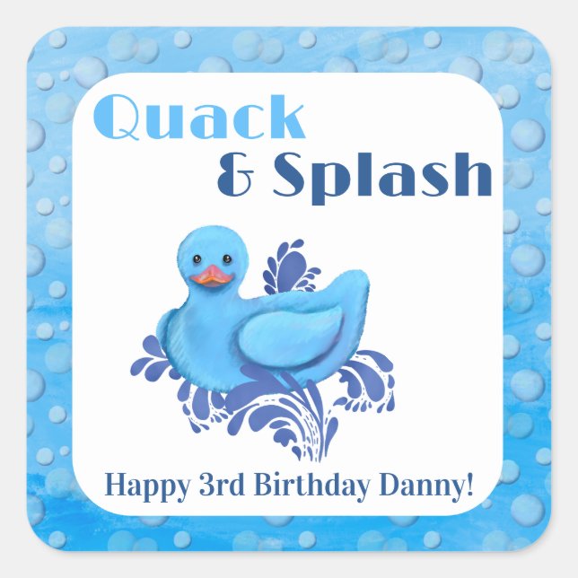 Quack and Splash Duck 3rd Birthday Invitation Square Sticker (Front)