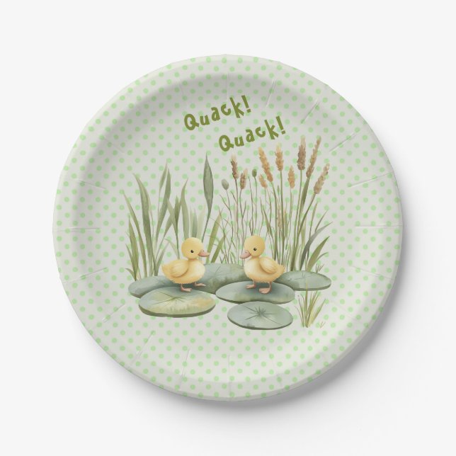 Quack! Quack! Says the Duck in Gingham Check Bow  Paper Plate (Front)