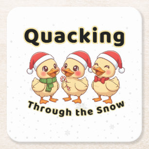 Quacking Through the Snow Funny Kawaii Duck Square Paper Coaster