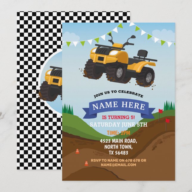 Quad Bike Birthday Invitation Riding Mud Fun Track (Front/Back)