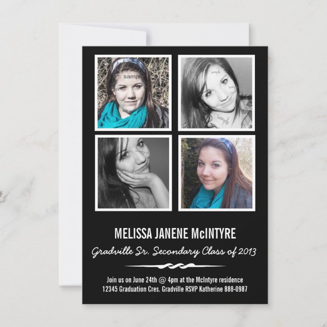 Quad Photo Four Squares Graduation Black and White Invitation (Front)