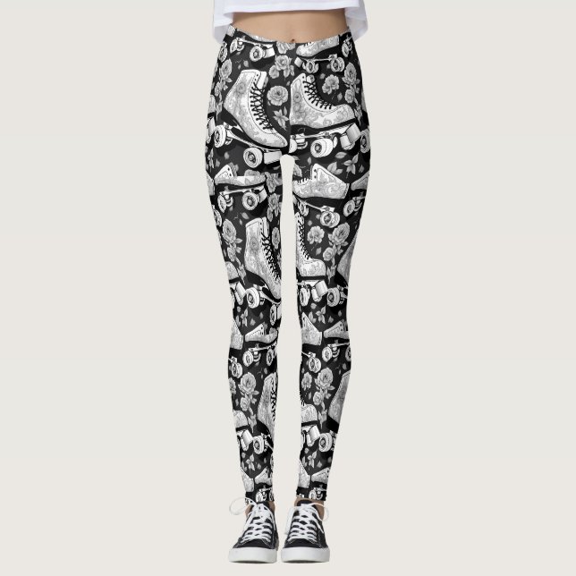 Quad skates roses Black White Design    Leggings (Front)