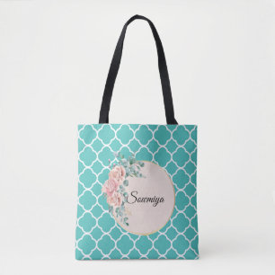 Quadrefoil teal green zigzag pattern tote bag
