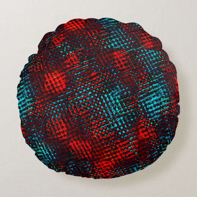 Quadriculados riscados de cor azul claro, vermelho round cushion (Front)