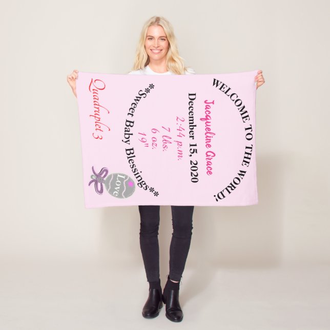 Quadruplet Baby Girl Pink Rattle Fleece Blanket (In Situ)