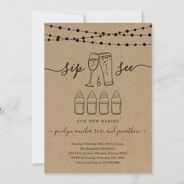 Quadruplets Sip & See Bubbles & Brews Invitation (Front)
