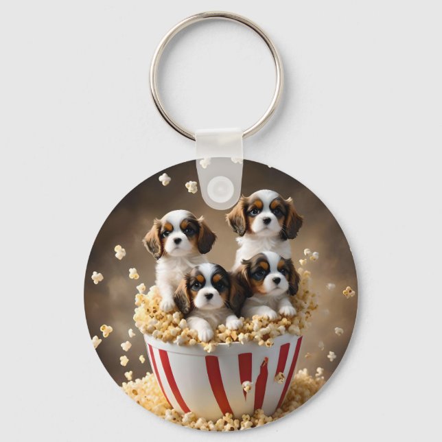 Quads Cavalier Spaniel Puppies In The Popcorn, Key Ring (Front)