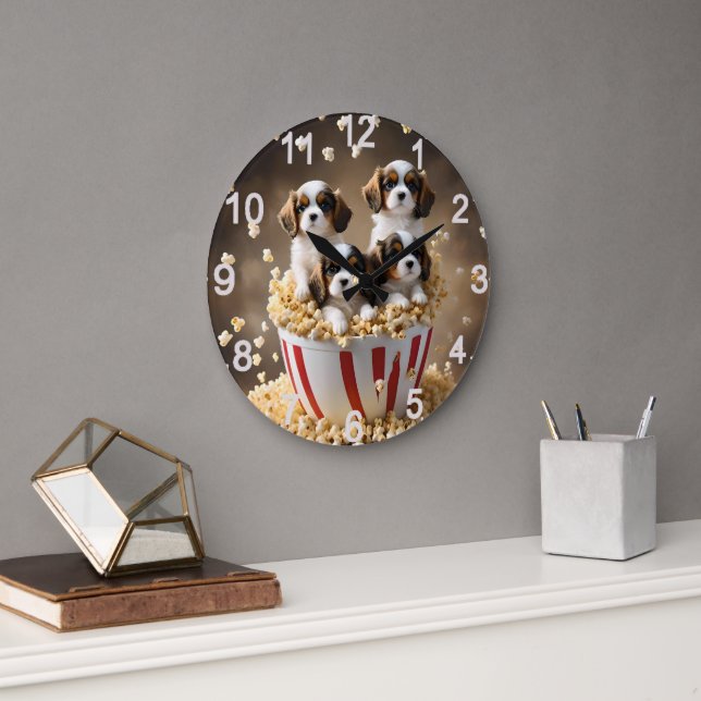 Quads Cavalier Spaniel Puppies In The Popcorn, Large Clock (Office)