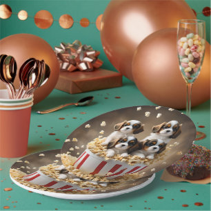 Quads Cavalier Spaniel Puppies In The Popcorn, Paper Plate