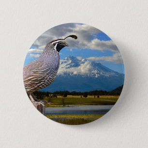 QUAIL AND MT SHASTA 6 CM ROUND BADGE