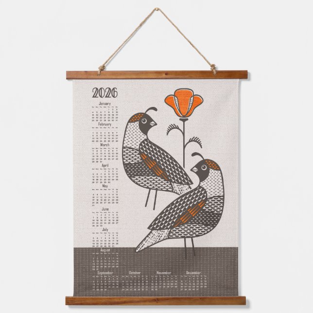 Quail and Poppy 2026 Calendar ©studioxtine Hanging Tapestry (Front)