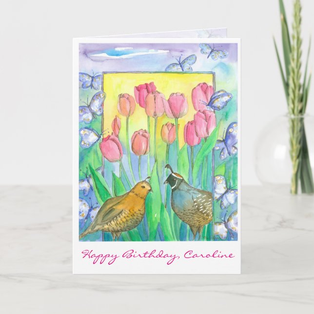 Quail Birds Pink Tulip Flowers Happy Birthday Card (Front)