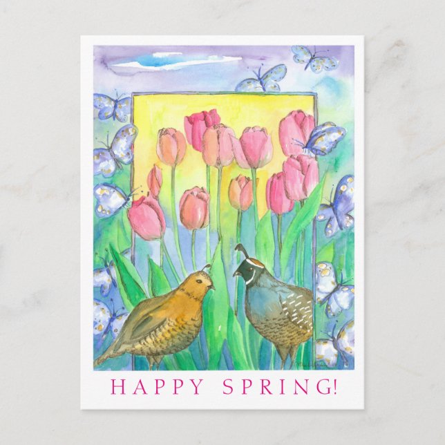 Quail Birds Pink Tulip Watercolor Happy Spring Postcard (Front)