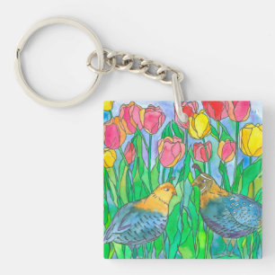 Quail Birds Watercolor Painting Key Ring
