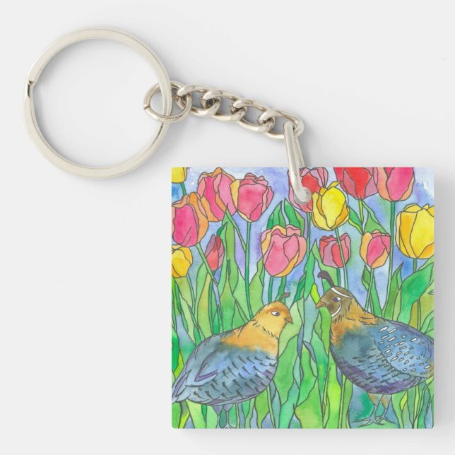 Quail Birds Watercolor Painting Key Ring (Front)