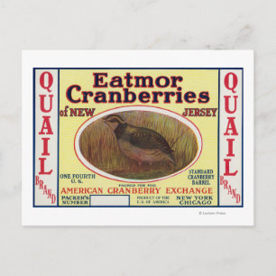 Quail Eatmor Cranberries Brand Label Postcard
