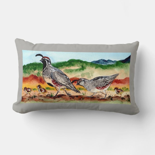 Quail Family with Babies Peeps Grey, Accent Pillow (Front)