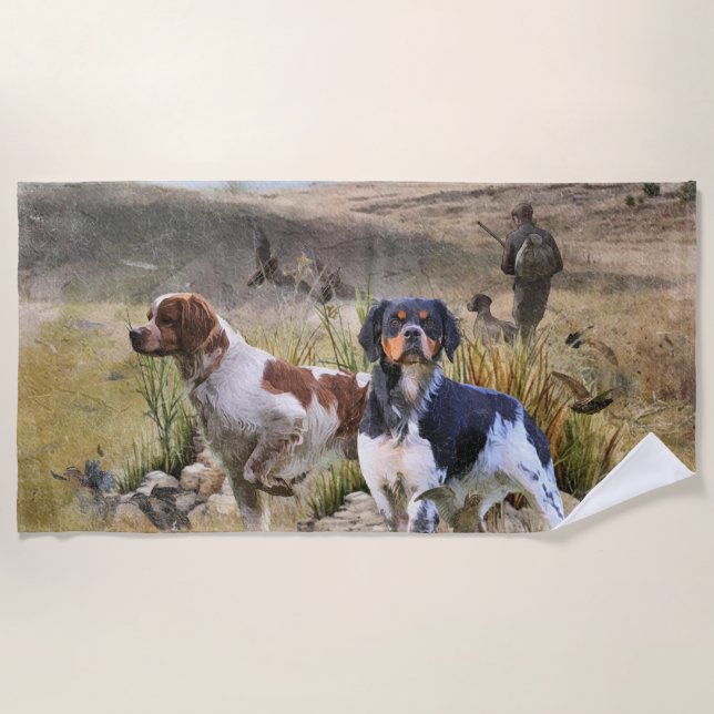 Quail Hunting with a Brittany Spaniels, Art  Beach Towel (Front)