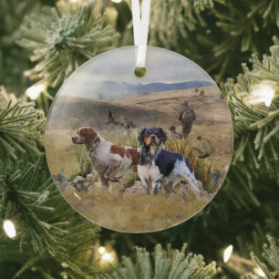 Quail Hunting with a Brittany Spaniels, Art Glass Tree Decoration