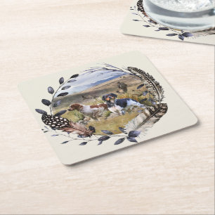 Quail Hunting with a Brittany Spaniels, Art  Square Paper Coaster