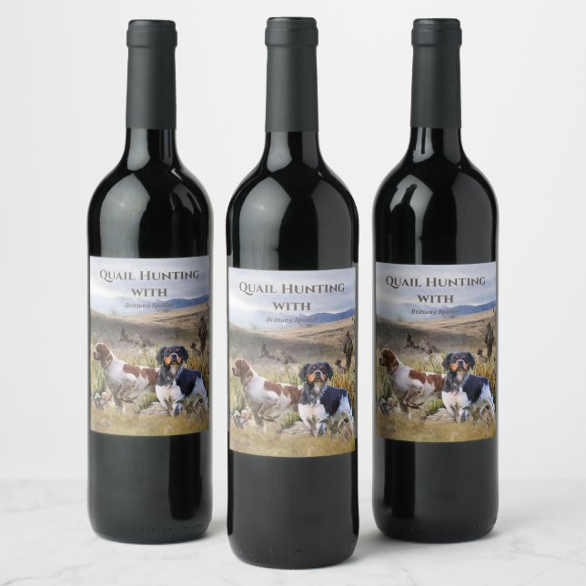 Quail Hunting with a Brittany Spaniels, Art  Wine Label (Bottles)