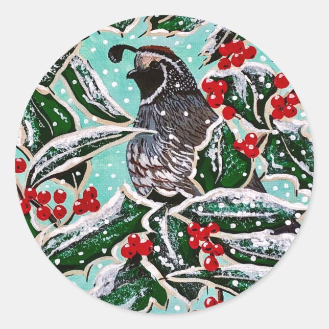 Quail in Christmas Holly! Classic Round Sticker (Front)
