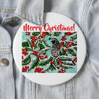 Quail in Holly Magnet 6 Cm Round Badge