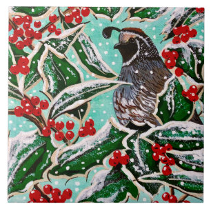 Quail in Holly Magnet Tile