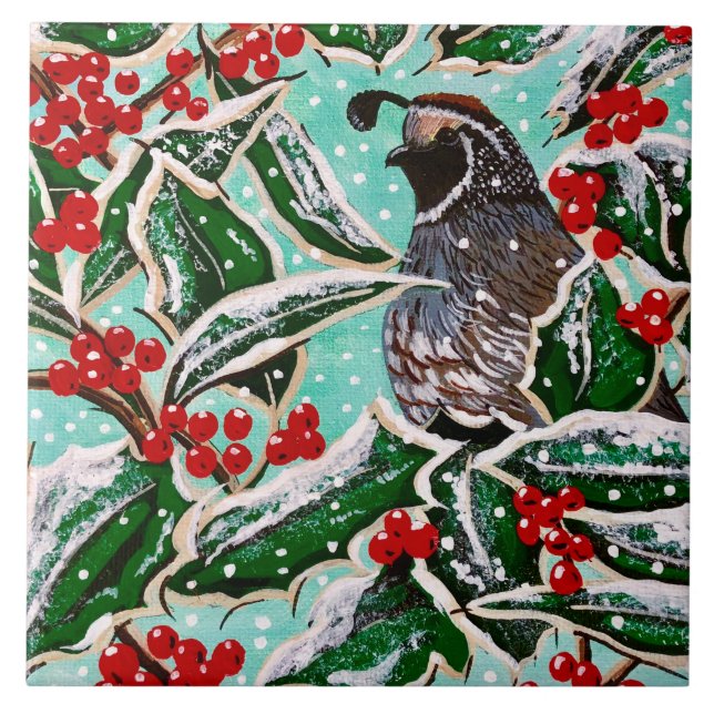 Quail in Holly Magnet Tile (Front)