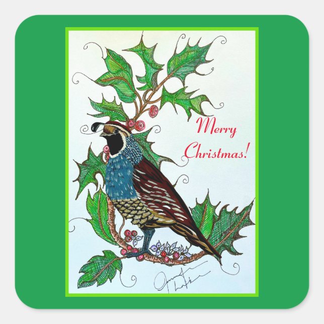 Quail in Holly  Square Sticker (Front)