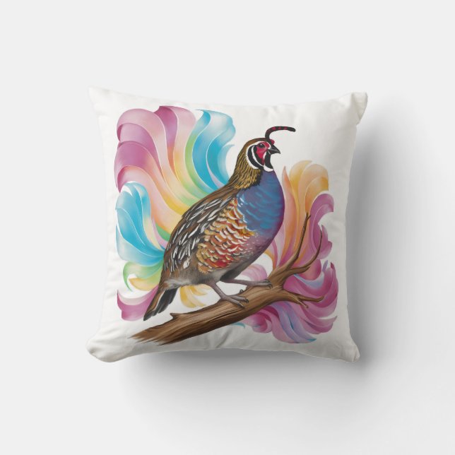 Quail on branch colourful background cushion (Front)