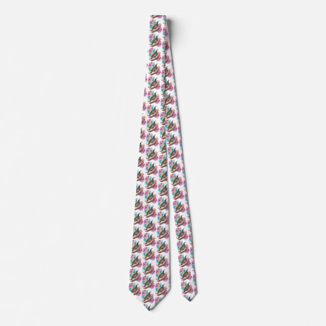 Quail on branch colourful background tie (Front)