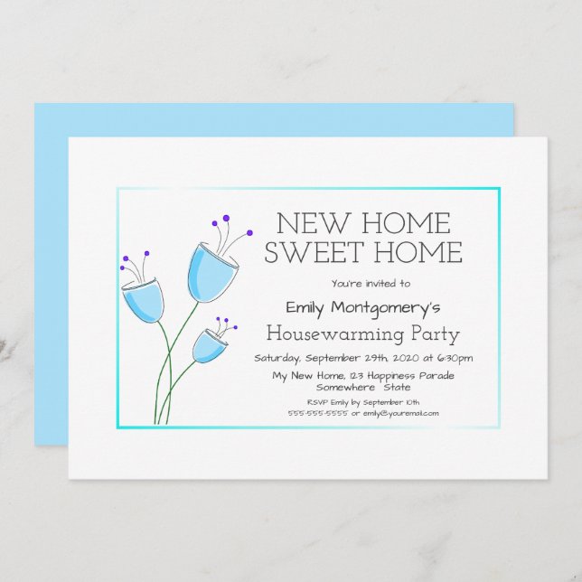 Quaint Blue Floral Housewarming Party Invitation (Front/Back)