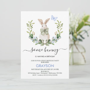 Quaint Blue Green Boys Little Bunny 1st Birthday  Invitation