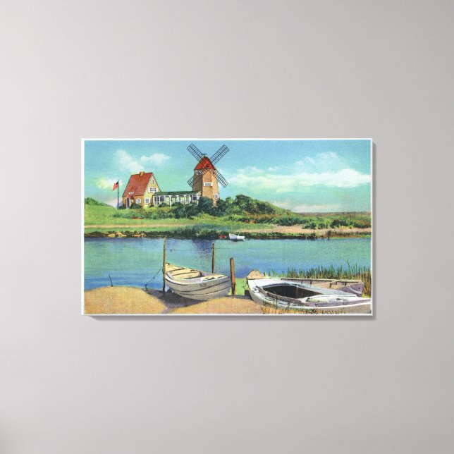 Quaint Cape Cod, View of Windmill and Boats Canvas Print (Front)