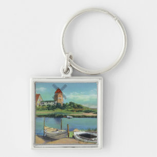 Quaint Cape Cod, View of Windmill and Boats Key Ring