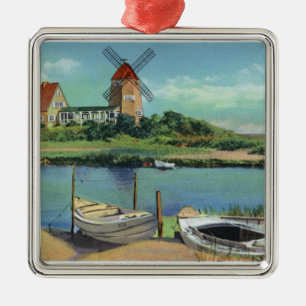 Quaint Cape Cod, View of Windmill and Boats Metal Tree Decoration